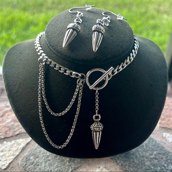 Cuban chain stainless steel with dangly spikes gothic charm choker necklace set - Picture 2 of 9